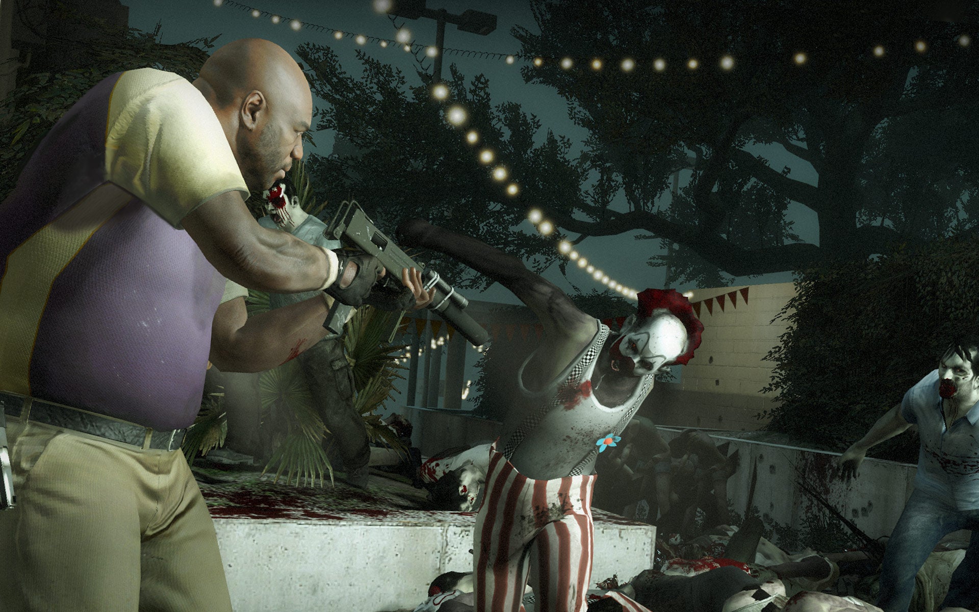 A player aims at a zombie clown that lunges at them in Left 4 Dead 2.